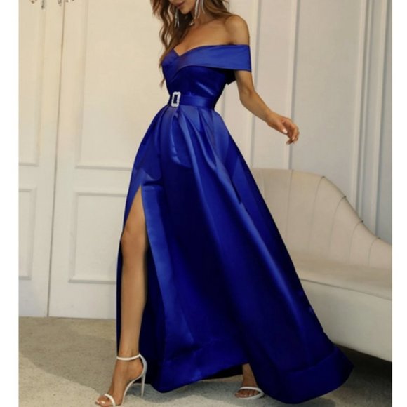Chic Off Shoulder Boxy Pleated Split Thigh Prom Maxi Dress Blue - Picture 3 of 9